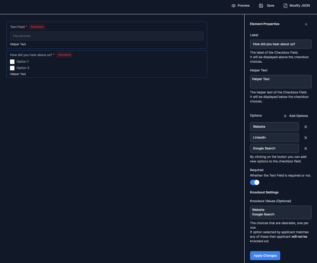Questionnaire checkbox field