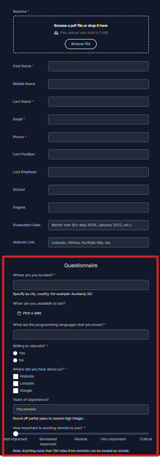 Questionnaire job application